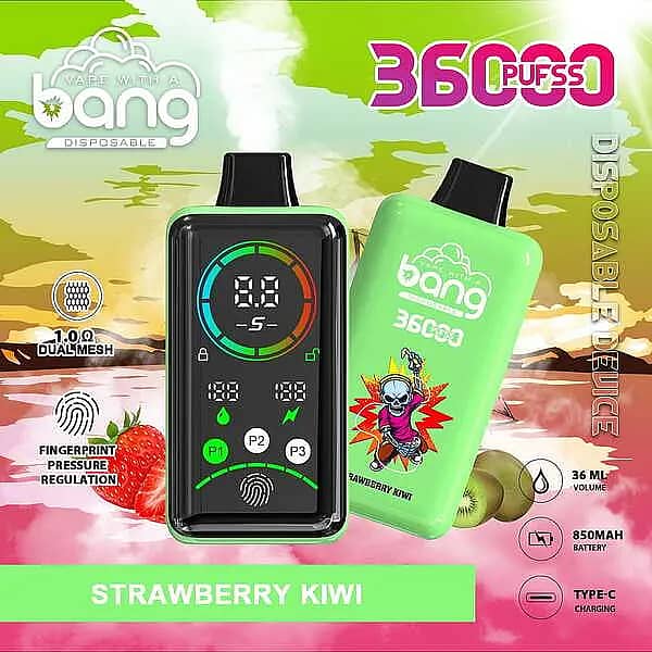 Bang 36,000-puff disposable vape with smart screen, Strawberry Kiwi flavor; 36 mL e-liquid, 850 mAh Type-C fast charge, 1.0&Omega; dual-mesh coil, adjustable power (P1&ndash;P3) with fingerprint pressure control.