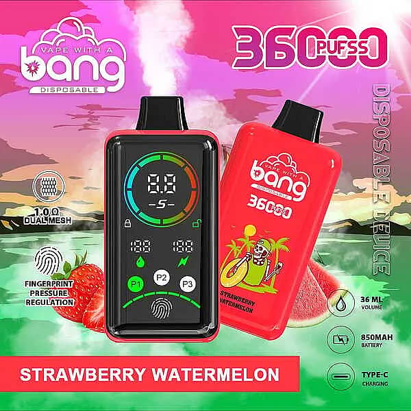Bang 36,000-puff disposable vape with smart screen, Strawberry Watermelon flavor; 36 mL e-liquid, 850 mAh Type-C fast charge, 1.0&Omega; dual-mesh coil, adjustable power (P1&ndash;P3) with fingerprint pressure control.