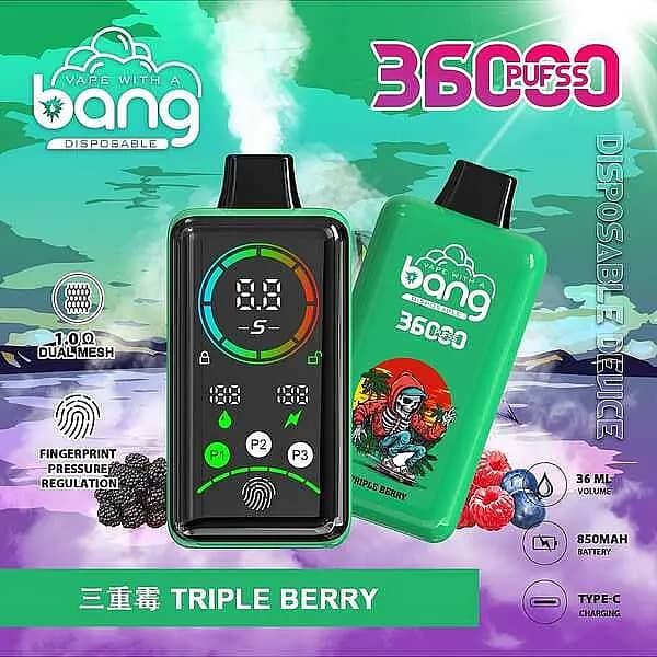 Bang 36,000-puff disposable vape with smart screen, Triple Berry flavor (green shell); 36 mL e-liquid, 850 mAh Type-C fast charge, 1.0&Omega; dual-mesh coil, adjustable power P1&ndash;P3 with fingerprint pressure control.