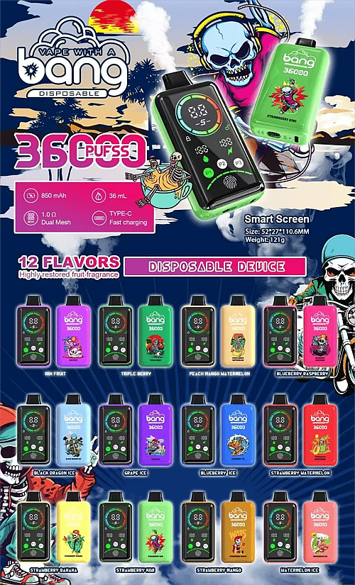 Bang – jednorazowy vape na 36 000 zaciągnięć – opis główny Plakat przedstawiający serię jednorazowych vaporizerów Bang 36000 Puffs Smart-Screen; 36 ml, 850 mAh, podwójna siatka 1,0 Ω, szybkie ładowanie przez złącze Type-C; na zdjęciu 12 smaków.