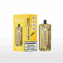 Bang E-Shisha Head 42000 Puffs in Blueberry Peach flavor, gold cylindrical device beside yellow retail box with hookah illustration and nicotine warning.