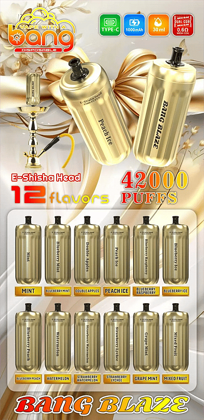 Bang E Shisha-kop, 42.000 trekjes, wegwerpvape – Beschrijving Bang E-Shisha-kop 42.000 trekjes – Productposter met gouden waterpijpkoppen (Peach Ice en Bang Blaze) met Type-C, 1000 mAh, 30 ml, Dual-Core 0,6 Ω mesh-coil-pictogrammen, plus 12 smaakvarianten weergegeven in twee rijen.