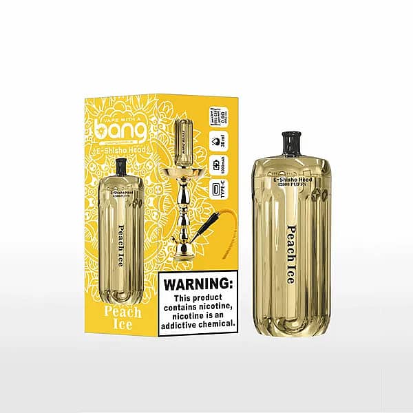 Bang E-Shisha Head 42000 Puffs Peach Ice flavor, gold cylindrical hookah head beside yellow packaging with hookah illustration and nicotine warning.