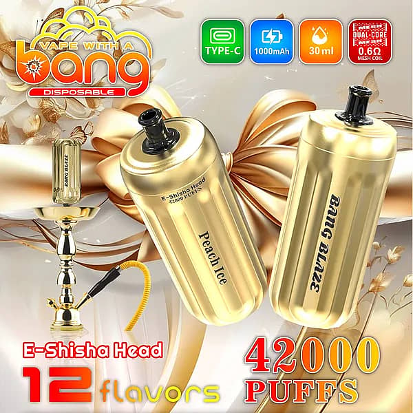 Bang E-Shisha Head 42000 Puffs promo image showing two gold hookah-style disposable heads (one labeled &ldquo;Peach Ice,&rdquo; one &ldquo;Bang Blaze&rdquo;), a gold hookah, and icons for Type-C, 1000mAh, 30ml, dual-core 0.6&Omega; mesh coil, and &ldquo;12 flavors.&rdquo;