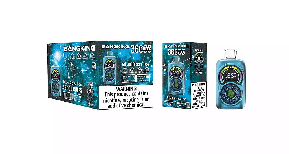 Bang King Constellation 36000 Puffs Blue Razz Ice disposable vape retail display &mdash; blue constellation-themed box, individual box, and device with dual touch screen.