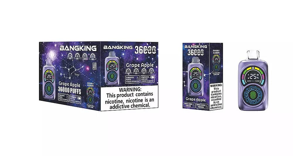 Bang King Constellation 36000 Puffs Grape Apple disposable vape retail set &mdash; purple constellation-themed box, individual box, and dual touch-screen device.