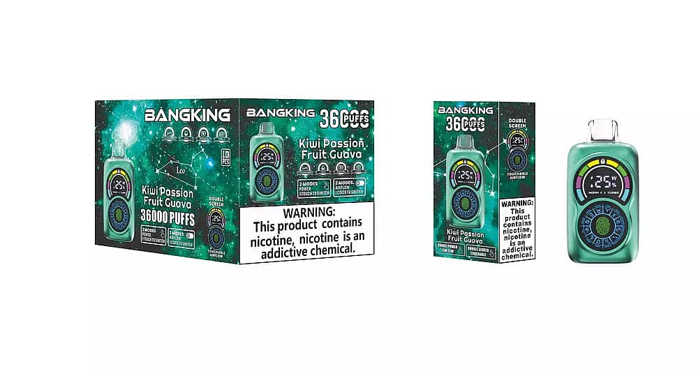 Bang King Constellation 36000 Puffs Kiwi Passion Fruit Guava disposable vape packaging and green dual-screen device with touchable airflow control and nicotine warning.