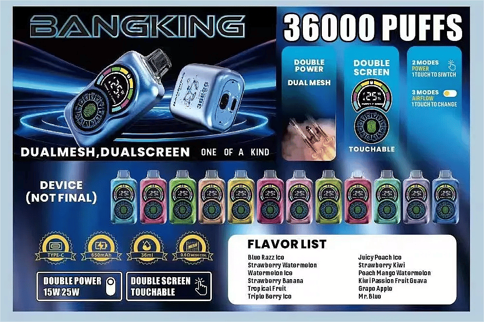 Bang King Constellation 36000 Puffs product info banner showing dual-mesh, dual-screen disposable vape device, feature icons (Type-C, 650mAh, 36ml, 0.8&Omega; mesh coil), and full flavor lineup in multiple colors.
