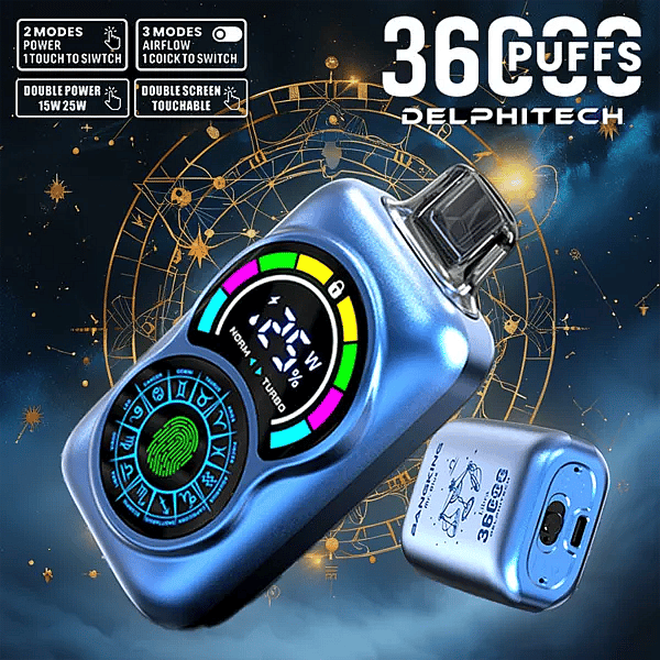 Bang King Constellation 36000 Puffs dual-screen touch disposable vape in metallic blue, constellation-themed UI, adjustable power/airflow, 36,000-puff capacity.