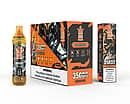 Bang King Tornado 35000 Puffs Peach Ice disposable vape set, showing orange transparent device, 10-pack master box, and single unit box with robotic orange design and nicotine warning.