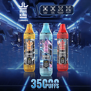 Bang King Tornado 35000 Puffs disposable vape lineup, three tall transparent devices (peach ice, blue razz ice, strawberry watermelon) standing in a futuristic blue tunnel, highlighting e-liquid display, power display, anti-dry-burn protection, and mesh coil.