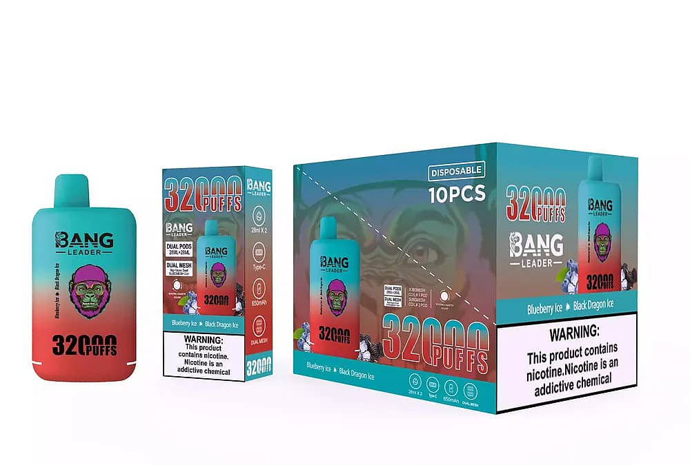 Bang Leader 32000 Puffs Blueberry Ice & Black Dragon Ice engångsvape set, med en gradientenhet med gorillagrafik, en detaljhandelsförpackning och en 10-pack masterkartong med stor nikotinvarning.