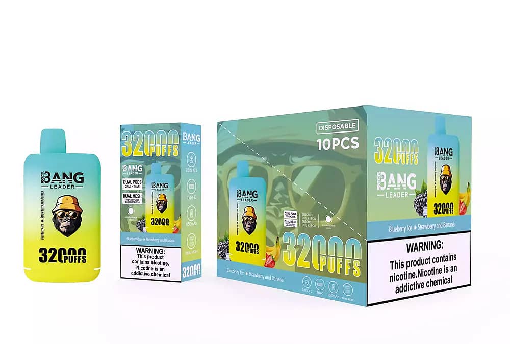 Bang Leader 32000 Puffs engångsvape set i Blueberry Ice & Strawberry Banana, med en gradient gul/blå enhet med gorillamaskot, en detaljhandelsförpackning och en 10-pack masterkartong med nikotinvarning.