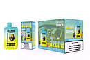 Bang Leader 32000 Puffs engångsvape set i Blueberry Ice & Strawberry Banana, med en gradient gul/blå enhet med gorillamaskot, en detaljhandelsförpackning och en 10-pack masterkartong med nikotinvarning.
