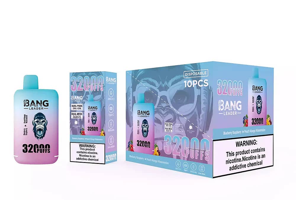 Bang Leader 32000 Puffs engångsvape set i Blueberry Raspberry & Peach Mango Watermelon, visar pastellblå-rosa enhet med roaring gorilla-logotyp, detaljhandelsförpackning, och 10-pcs masterkartong med nikotinvarning.