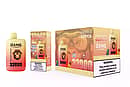 Bang Leader 32000 Puffs engångsvape set i Blueberry Watermelon & Strawberry Mango, med en enhet i gul-persiko-gradient med apmaskot, en detaljhandelsförpackning och en 10-pack masterkartong med nikotinvarning.