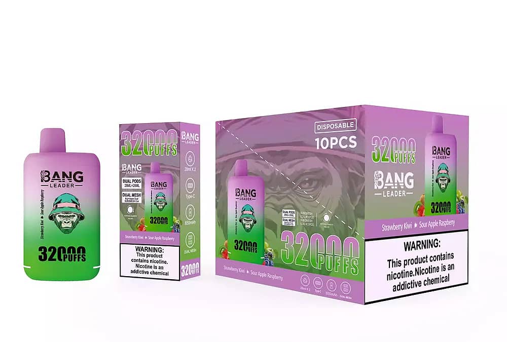 Bang Leader 32000 Puffs engångsvape set i Strawberry Kiwi & Sour Apple Raspberry, som visar en enhet med lila-grön gradient och en maskot i form av en apa, en detaljhandelsförpackning och en 10-pack masterkartong med nikotinvarning.