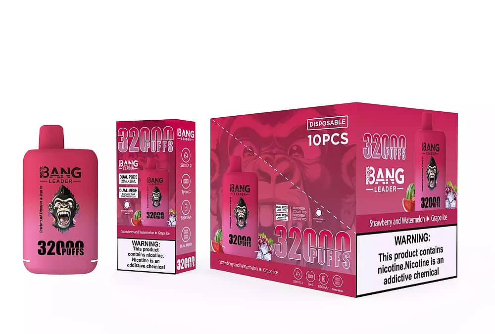 Bang Leader 32000 Puffs engångsvape set i Strawberry Watermelon & Grape Ice, med en röd enhet med en rytande gorillamaskot, en detaljhandelsförpackning och en 10-pack masterkartong med nikotinvarning.