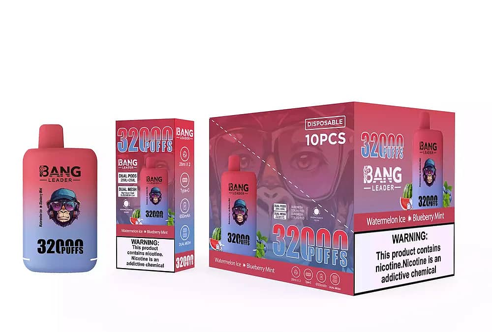 Bang Leader 32000 Puffs engångsvape set i Watermelon Ice & Blueberry Mint, med en enhet med röd-blå gradient och en maskot i form av en gorilla med solglasögon, en ask med en enda smak och en 10-pack masterkartong med nikotinvarning.