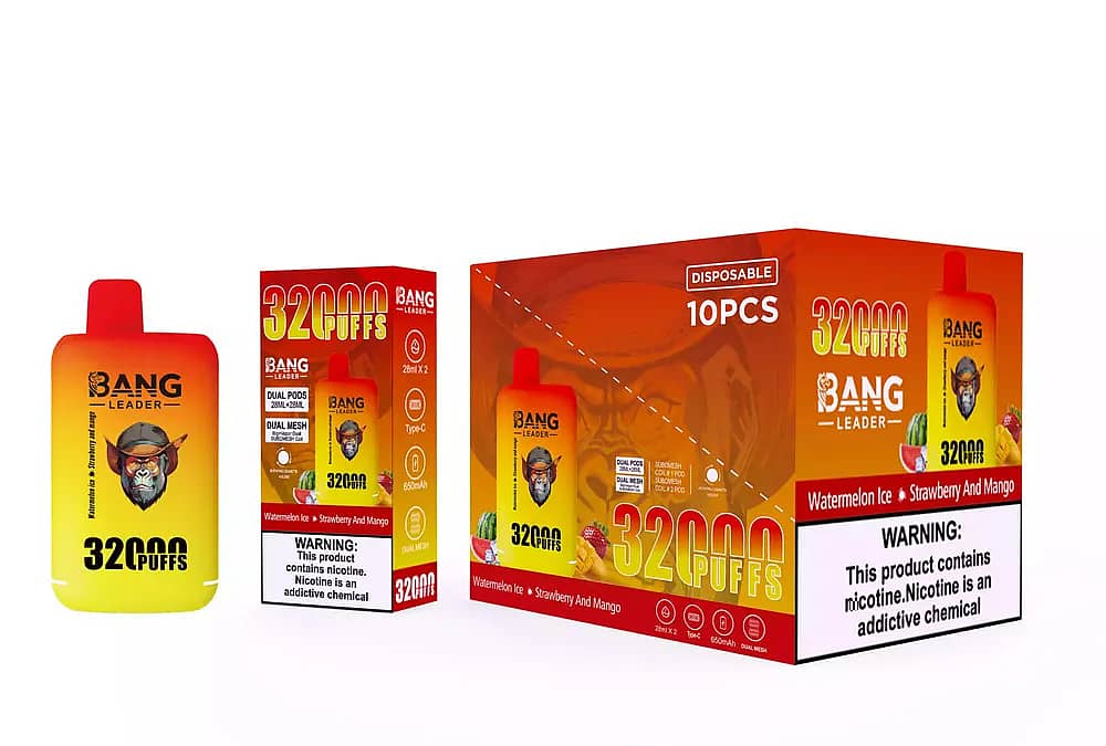 Bang Leader 32000 Puffs engångsvape set i Watermelon Ice & Strawberry Mango, visar en enhet med gul-röd gradient och apmaskot, ask med en enda smak och 10-pcs masterkartong med nikotinvarning.
