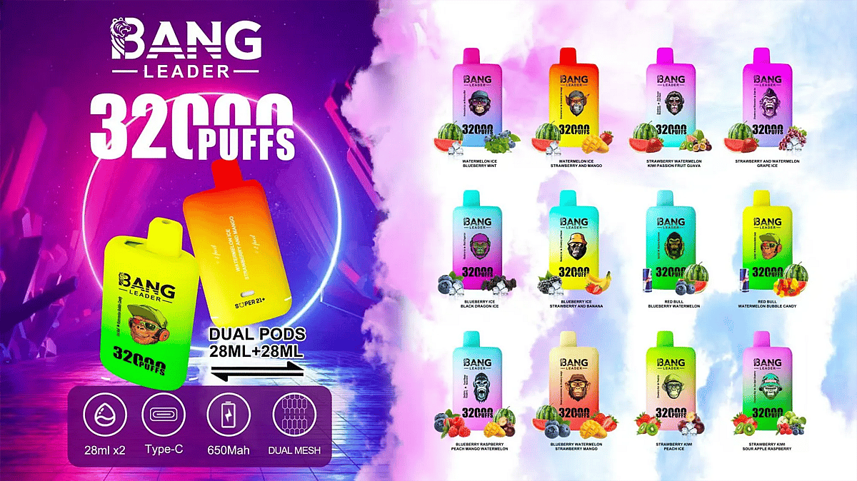 Bang Leader 32000 Puffs dual-pod disposable vape lineup poster, med två stora gradientenheter till vänster och 12 små smakåtergivningar till höger, plus ikoner för 28 ml x2, Type-C, 650mAh och dubbel mesh.