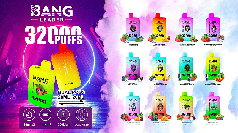 Bang Leader 32.000 Züge – Einweg-Vape mit zwei Pods – Beschreibung Poster zur „Bang Leader 32000 Puffs Dual-Pod“-Einweg-Vape-Produktreihe, mit zwei großen Geräten mit Farbverlauf auf der linken Seite und 12 kleinen Darstellungen der Geschmacksrichtungen auf der rechten Seite sowie Symbolen für 28 ml x 2, Typ C, 650 mAh und Dual Mesh.