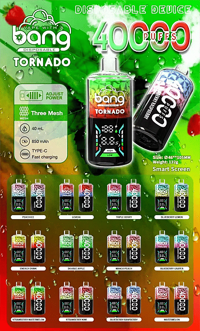 Bang Tornado 40 000 zaciągnięć – jednorazowy e-papieros z ekranem Smart Screen – Bangvapeeu – opis Karta produktu jednorazowego vape’a Bang Tornado 40 000 zaciągnięć przedstawiająca główne urządzenie z ekranem Smart-Screen, kluczowe parametry techniczne (regulacja mocy, trzy wkłady siatkowe, 40 ml, 850 mAh, szybkie ładowanie przez złącze Type-C) oraz pełną gamę smaków w małych buteleczkach u dołu strony.