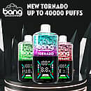 Bang Tornado 40000 Puffs disposable vape promo image showing three smart-screen vapes on a dark podium, with headline &ldquo;NEW TORNADO UP TO 40000 PUFFS.&rdquo;