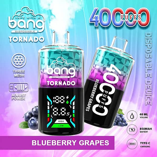 Bang Tornado 40000 Puffs disposable vape in Blueberry Grapes flavor, two smart-screen devices on a colorful gradient background with blueberries and grapes, highlighting 40ml, 850mAh, Type-C, and adjustable power.