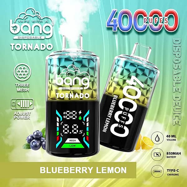 Bang Tornado 40000 Puffs disposable vape in Blueberry Lemon flavor, two smart-screen devices on a green/yellow gradient background with blueberries and lemon slices, highlighting 40ml, 850mAh, Type-C, and adjustable power.