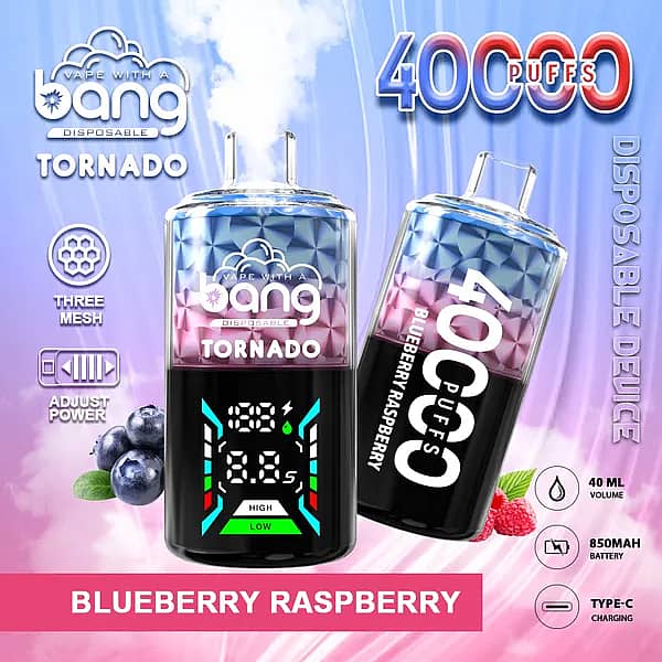 Bang Tornado 40000 Puffs disposable vape in Blueberry Raspberry flavor, two smart-screen devices on a blue&ndash;pink gradient background with berries, highlighting 40ml, 850mAh, Type-C, and adjustable power.