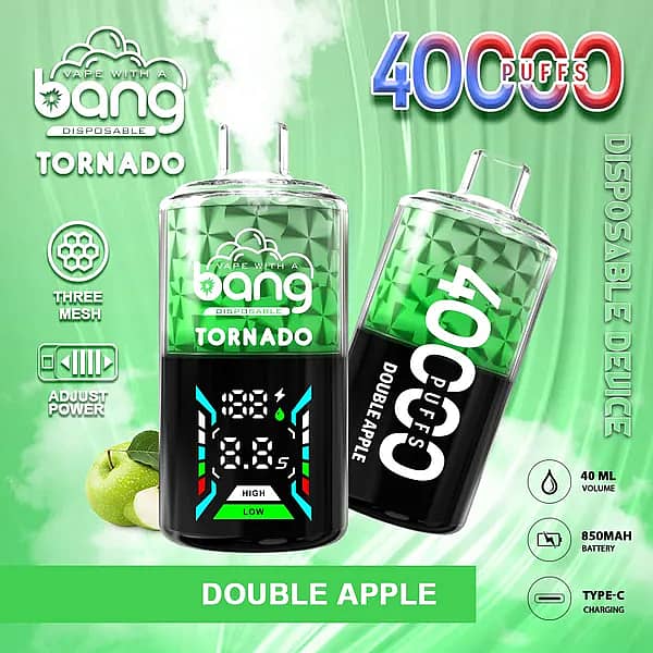Bang Tornado 40000 Puffs disposable vape in Double Apple flavor, two green smart-screen devices on a green background with apples, highlighting 40ml, 850mAh, Type-C, and adjustable power.