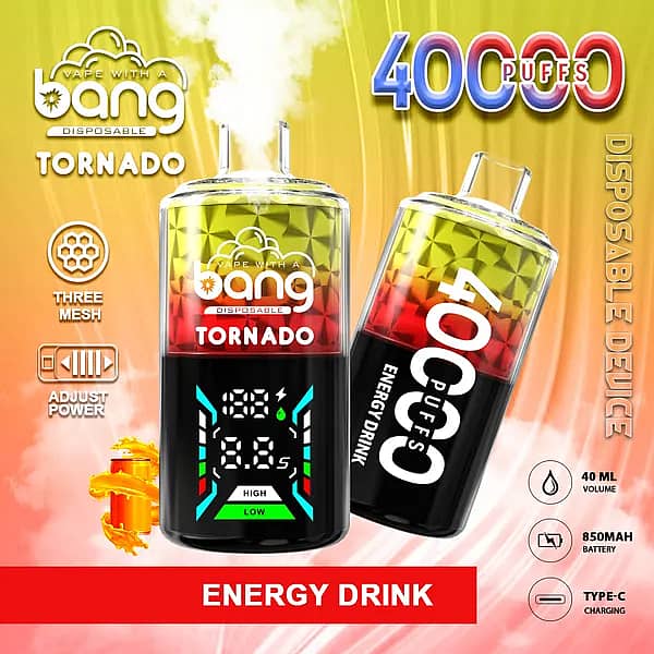 Bang Tornado 40000 Puffs disposable vape in Energy Drink flavor, two smart-screen devices on an orange/red gradient background, highlighting 40ml, 850mAh, Type-C, and adjustable power.