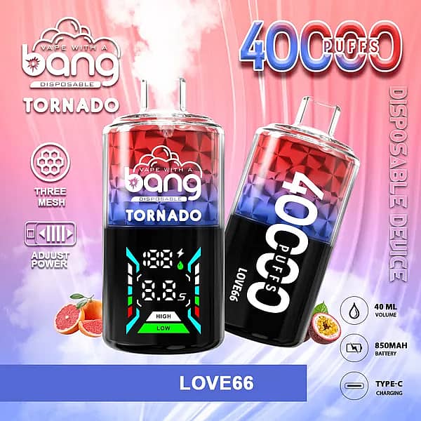 Bang Tornado 40000 Puffs disposable vape in Love66 flavor, two smart-screen devices on a pink-to-purple background with passionfruit/watermelon accents, highlighting 40ml, 850mAh, Type-C, and adjustable power.