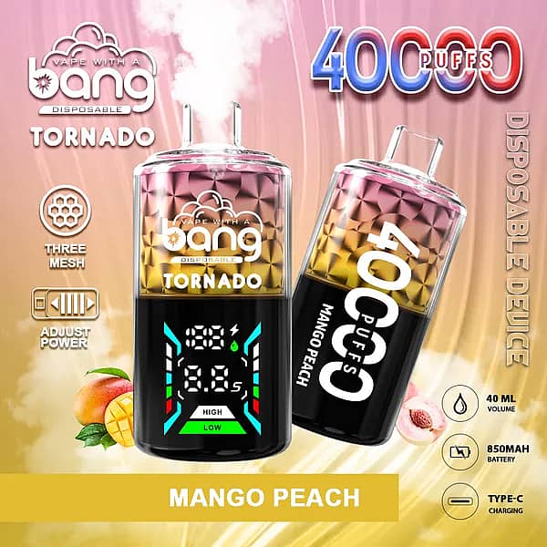 Bang Tornado 40000 Puffs disposable vape in Mango Peach flavor, two smart-screen devices on a peach&ndash;gold background with mango and peach fruit accents, highlighting 40ml, 850mAh, Type-C, and adjustable power.
