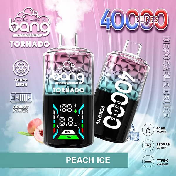 Bang Tornado 40000 Puffs disposable vape in Peach Ice flavor, two smart-screen devices on a pink&ndash;aqua background with peach fruit and ice cubes, highlighting 40ml, 850mAh, Type-C, and adjustable power.