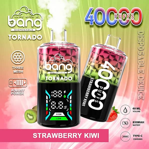 Bang Tornado 40000 Puffs disposable vape in Strawberry Kiwi flavor, two smart-screen devices on a green&ndash;pink background with strawberry and kiwi fruits, highlighting 40ml, 850mAh, Type-C, and adjustable power.