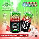 Bang Tornado 40000 Puffs disposable vape in Strawberry Watermelon flavor, two smart-screen devices on a green&ndash;red background with strawberry and watermelon slices, highlighting 40ml, 850mAh, Type-C, and adjustable power.