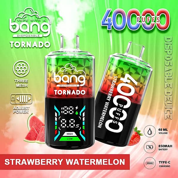 Bang Tornado 40000 Puffs disposable vape in Strawberry Watermelon flavor, two smart-screen devices on a green&ndash;red background with strawberry and watermelon slices, highlighting 40ml, 850mAh, Type-C, and adjustable power.