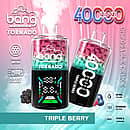 Bang Tornado 40000 Puffs disposable vape in Triple Berry flavor, two smart-screen devices on a pink&ndash;teal background with mixed berries, highlighting 40ml, 850mAh, Type-C, and adjustable power.