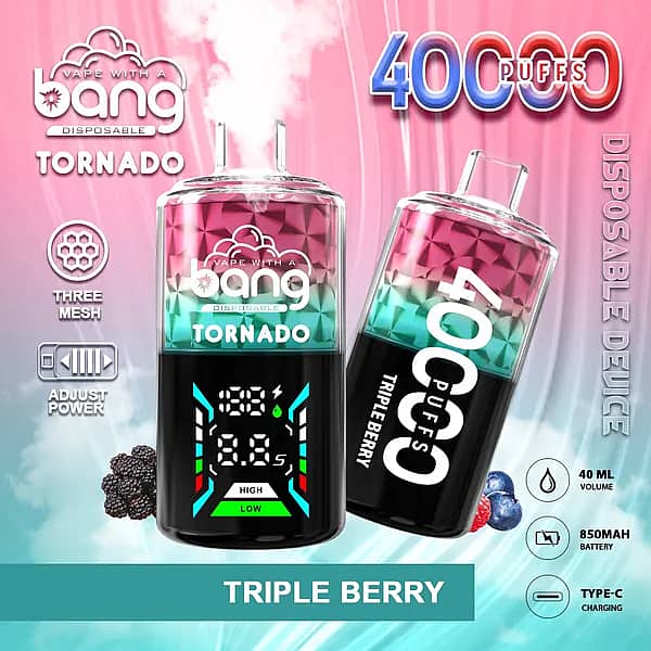 Bang Tornado 40000 Puffs disposable vape in Triple Berry flavor, two smart-screen devices on a pink&ndash;teal background with mixed berries, highlighting 40ml, 850mAh, Type-C, and adjustable power.