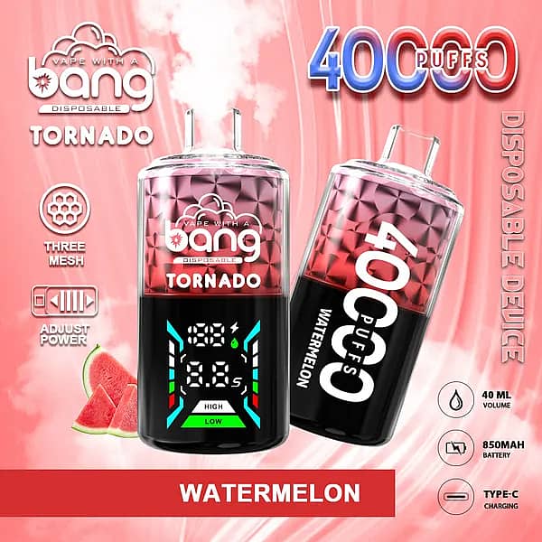 Bang Tornado 40000 Puffs disposable vape in Watermelon flavor, two smart-screen devices on a pink/red background with watermelon slices, highlighting 40ml, 850mAh, Type-C, and adjustable power.