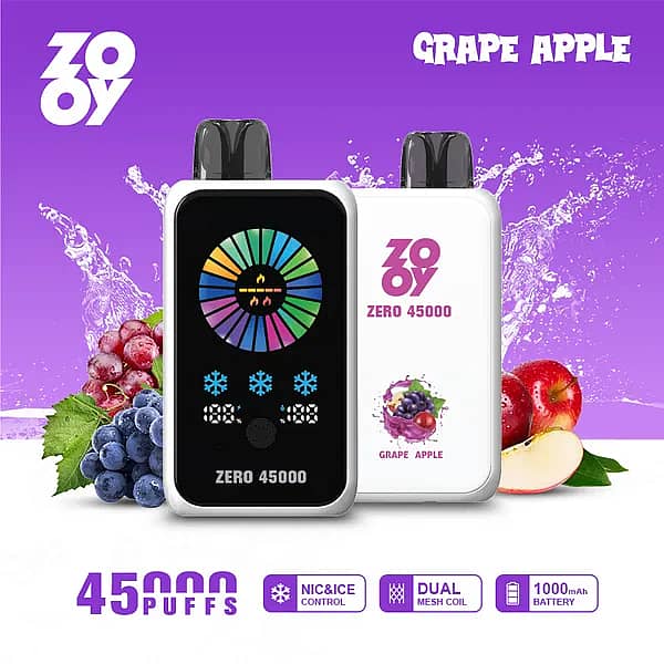 ZOOY ZERO 45000 Puffs Grape Apple disposable vape with smart display, dual-mesh coils, NIC&ICE cooling control, and a long-lasting 1000mAh battery.