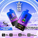 Bang King 50000 Puffs Dual Flavor disposable vape in Blueberry Raspberry and Mixed Berry, blue&ndash;purple gradient body, digital screen, dual-flavor, mesh coil, airflow adjustable.