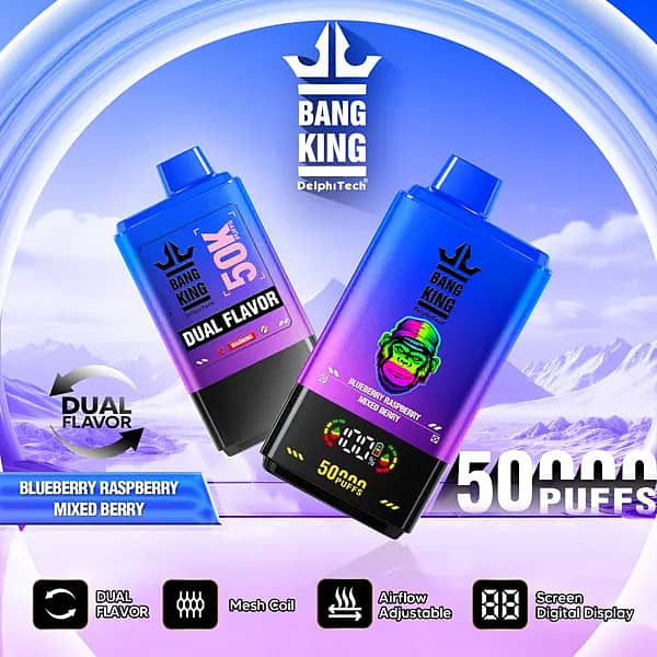 Bang King 50000 Puffs Dual Flavor disposable vape in Blueberry Raspberry and Mixed Berry, blue&ndash;purple gradient body, digital screen, dual-flavor, mesh coil, airflow adjustable.
