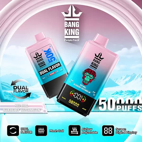 Bang King 50000 Puffs Dual Flavor disposable vape in Red Bull and Blueberry Watermelon, pink&ndash;aqua body, digital screen, dual-flavor, mesh coil, airflow adjustable.