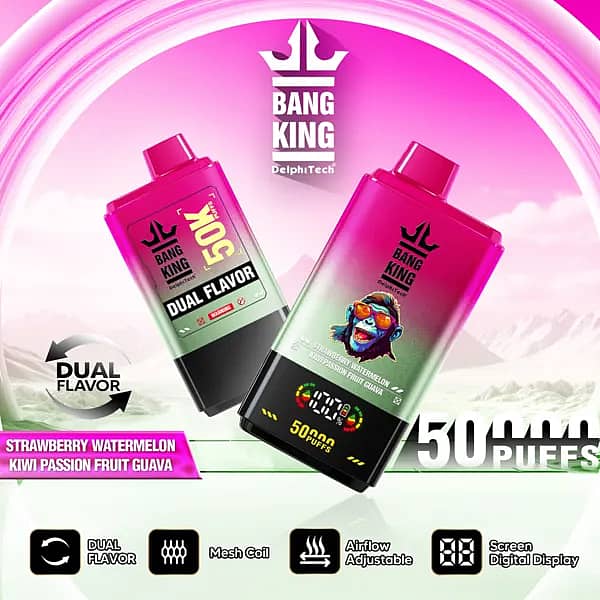 Bang King 50000 Puffs Dual Flavor disposable vape in Strawberry Watermelon and Kiwi Passion Fruit Guava, pink&ndash;green gradient body, digital screen, dual-flavor, mesh coil, airflow adjustable.