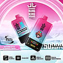 Bang King 50000 Puffs Dual Flavor disposable vape in Watermelon Ice and Blueberry Cherry, pink&ndash;blue gradient body, digital screen, dual-flavor, mesh coil, airflow adjustable.