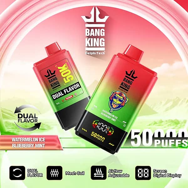 Bang King 50000 Puffs Dual Flavor disposable vape in Watermelon Ice and Blueberry Mint, red&ndash;green gradient body, digital screen, dual-flavor, mesh coil, airflow adjustable.
