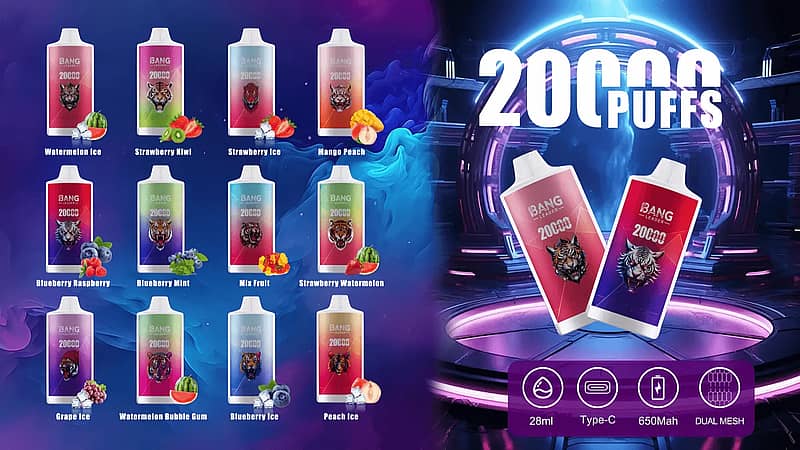 Bang Leader 20K wegwerpvape met 20.000 trekjes vol smaak Beschrijving 1 Bang Leader 20.000 trekjes wegwerp-vape: assortiment smaken (12 smaken) met twee uitgelichte apparaten tegen een futuristische achtergrond, met specificaties van 28 ml, Type-C, 650 mAh en Dual-Mesh.